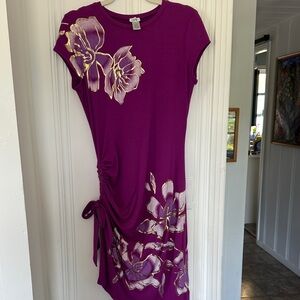 Cache Magenta Floral Asymmetrical Ruched Side Dress with Gold Trim